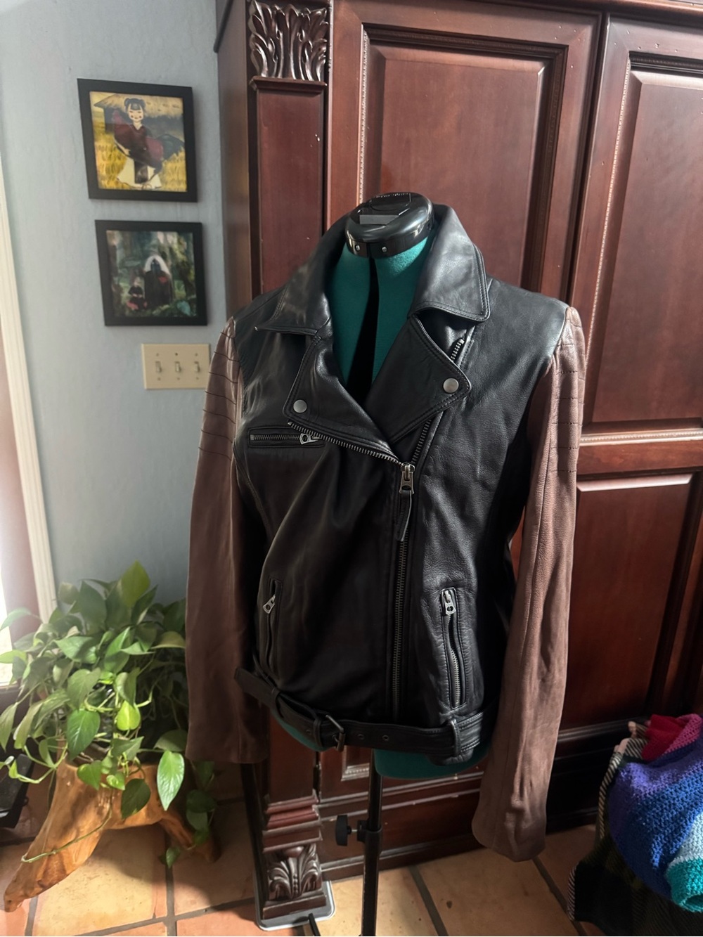 Lucky Brand Two-Tone Leather Moto Jacket — Black Body with Brown Sleeves